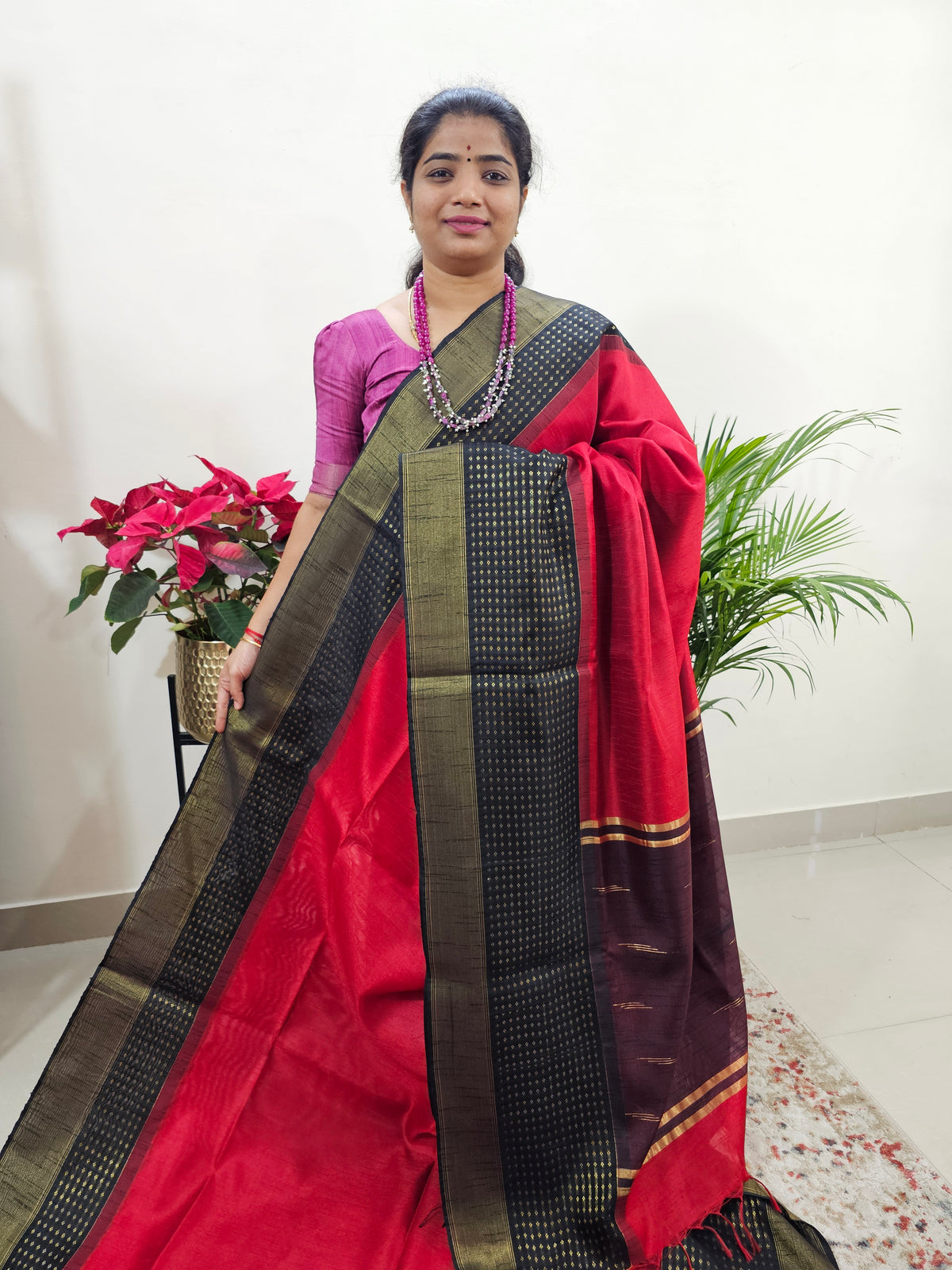 Semi Raw Silk Saree Weaving Border - Red with Black