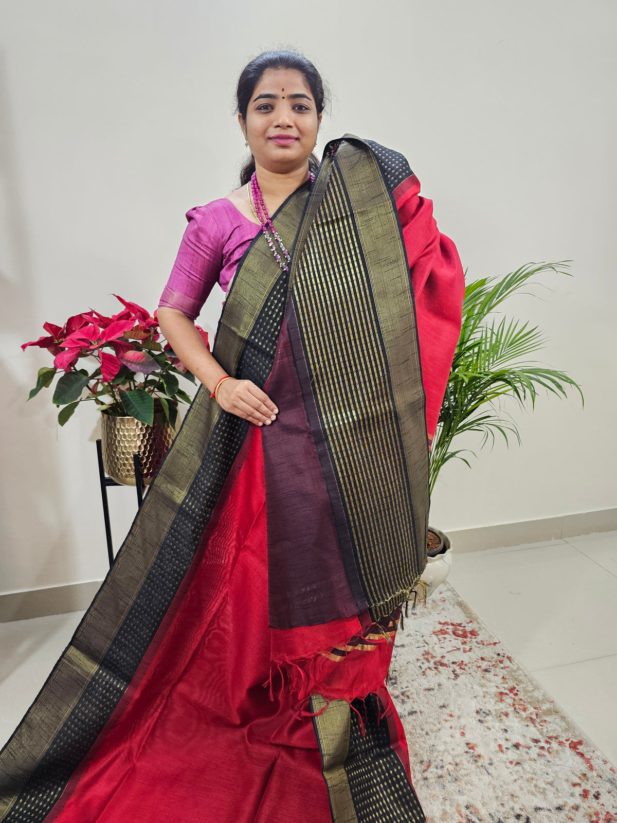 Semi Raw Silk Saree Weaving Border - Red with Black