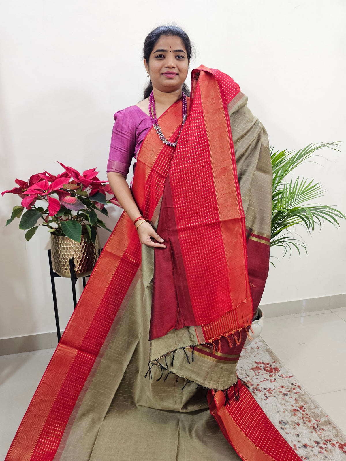 Semi Raw Silk Saree Weaving Border - Beige with Red