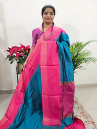 Semi Raw Silk Saree Weaving Border - Peacock Blue with Pink