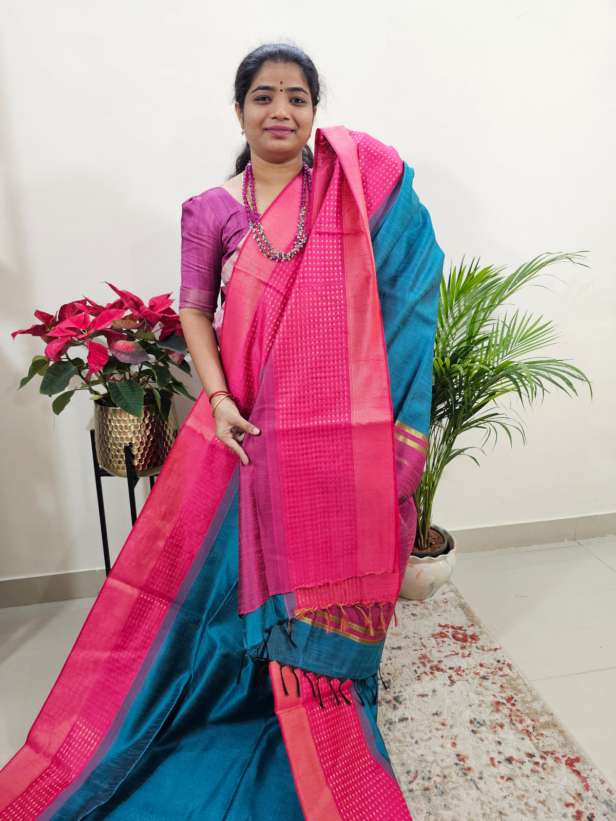 Semi Raw Silk Saree Weaving Border - Peacock Blue with Pink