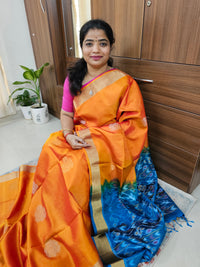 Pure Soft Silk Kanchi Pochampally Fusion - Orange with Blue