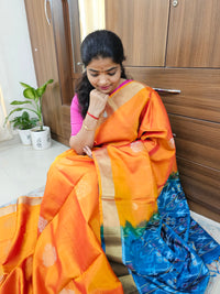 Pure Soft Silk Kanchi Pochampally Fusion - Orange with Blue