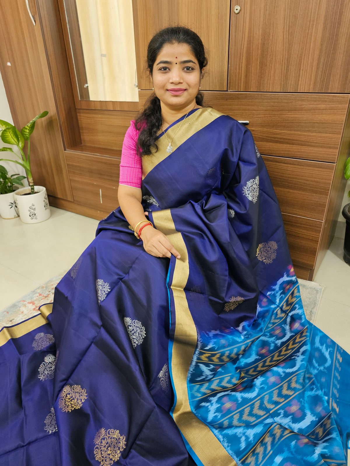 Pure Soft Silk Kanchi Pochampally Fusion - Navy Blue with Blue