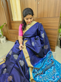 Pure Soft Silk Kanchi Pochampally Fusion - Navy Blue with Blue