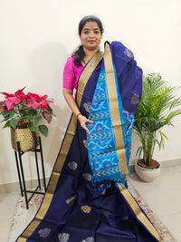 Pure Soft Silk Kanchi Pochampally Fusion - Navy Blue with Blue