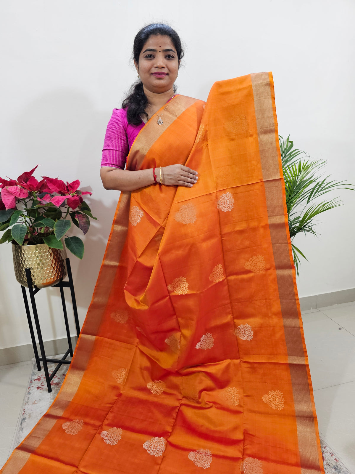 Pure Soft Silk Kanchi Pochampally Fusion - Orange with Blue