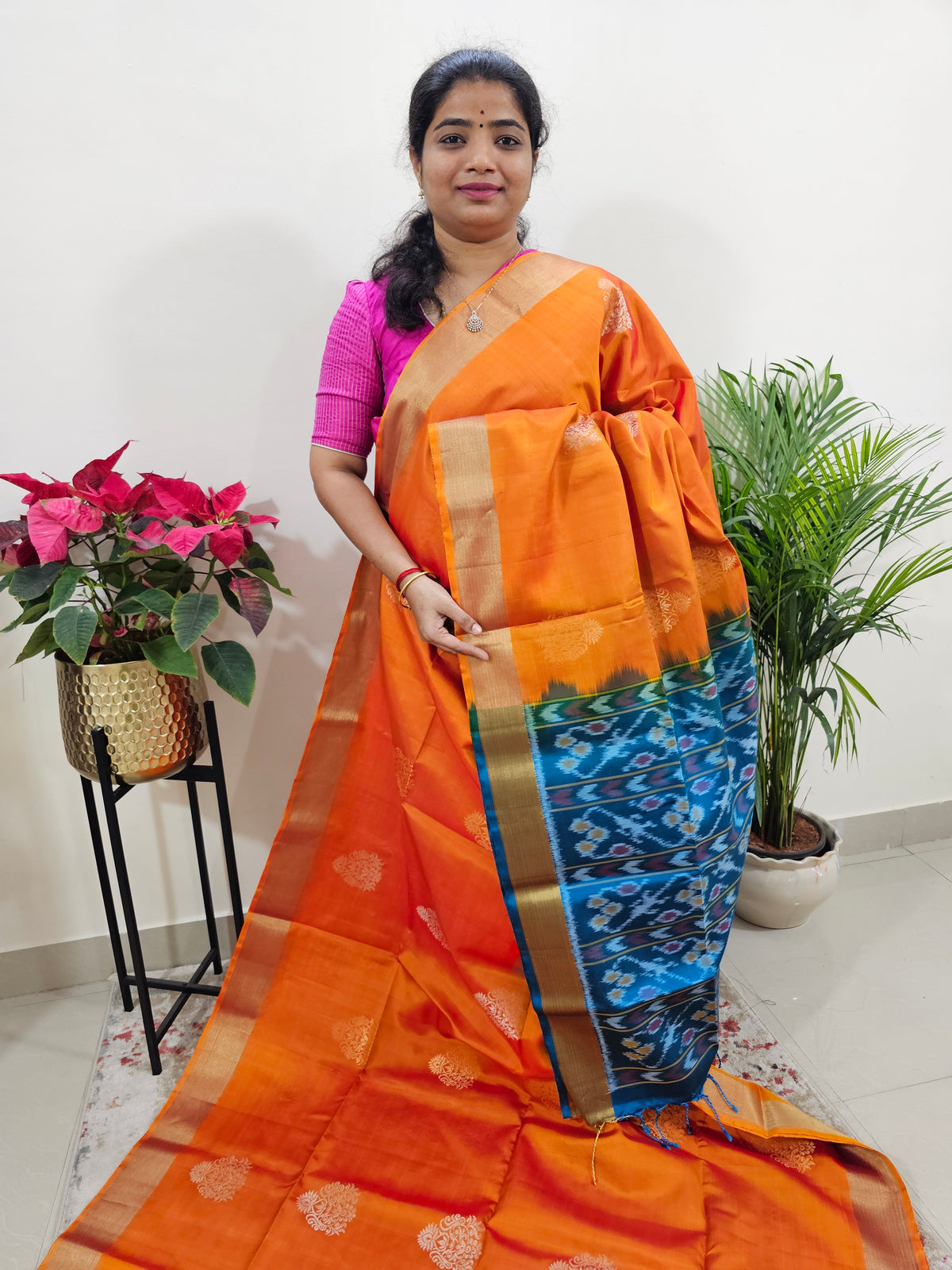 Pure Soft Silk Kanchi Pochampally Fusion - Orange with Blue