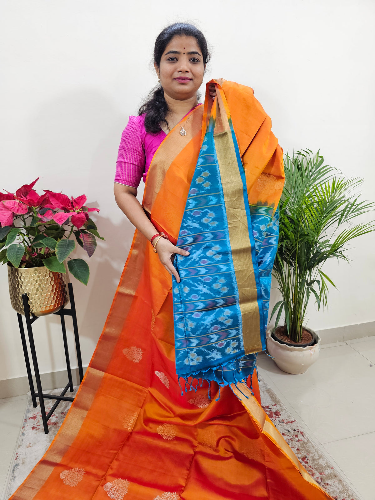 Pure Soft Silk Kanchi Pochampally Fusion - Orange with Blue