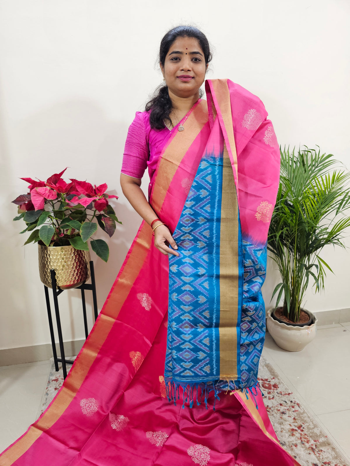 Pure Soft Silk Kanchi Pochampally Fusion - Pink with Blue