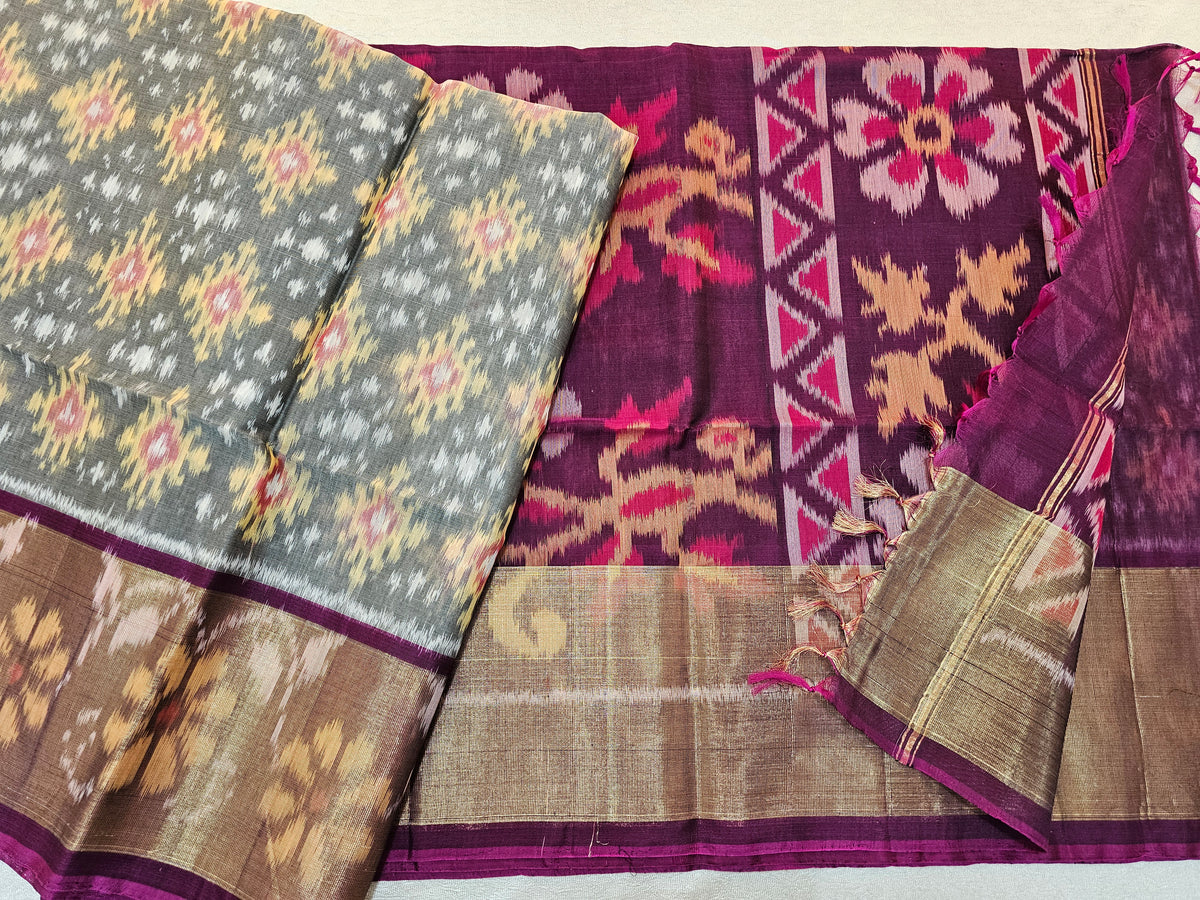 Grey with Magenta Pink Pochampally Ikkat Silk Cotton (SICO Pattu)