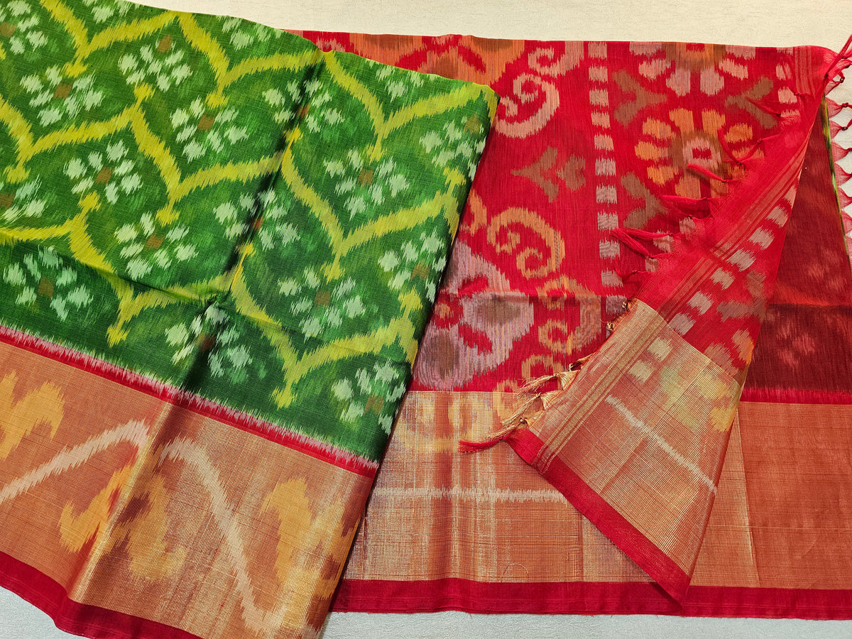 Green with Red Pochampally Ikkat Silk Cotton (SICO Pattu)