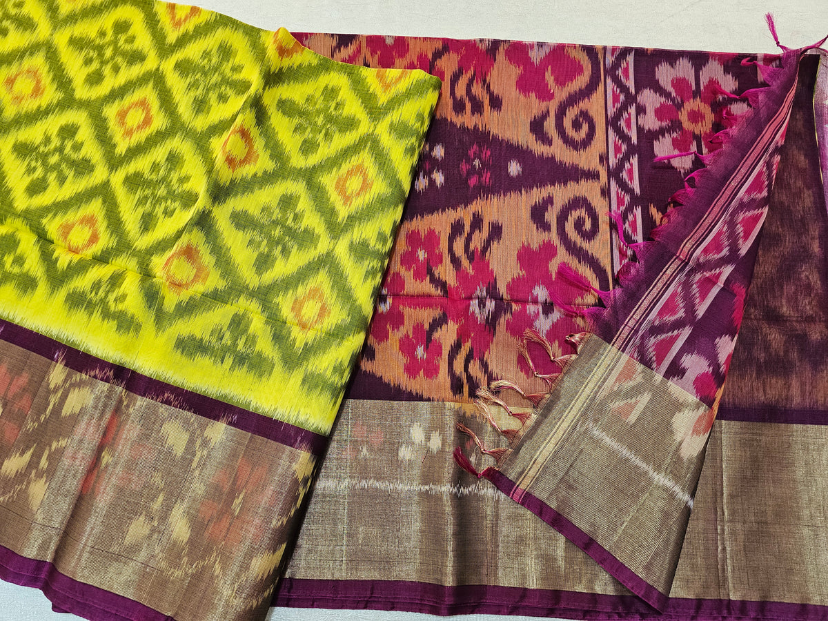 Yellow with Magenta Pink Pochampally Ikkat Silk Cotton (SICO Pattu)