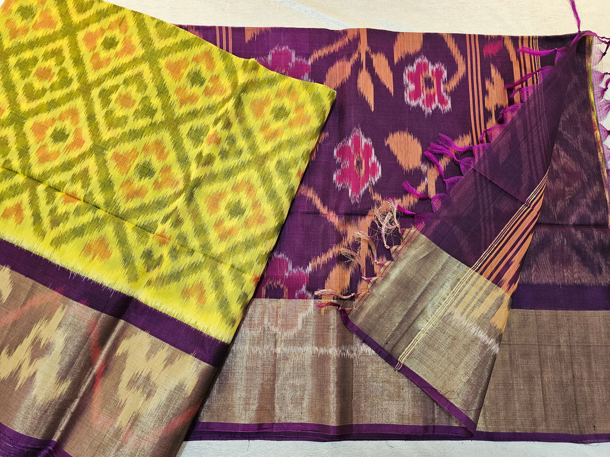 Yellow with Purple Pochampally Ikkat Silk Cotton (SICO Pattu)