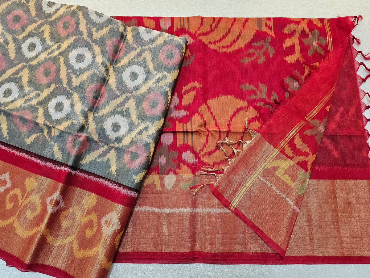 Grey with Red Pochampally Ikkat Silk Cotton (SICO Pattu)