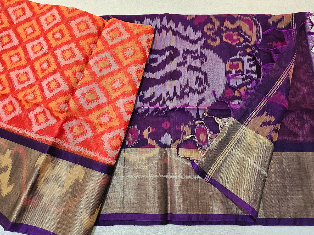 Orange with Purple  Pochampally Ikkat Silk Cotton (SICO Pattu)