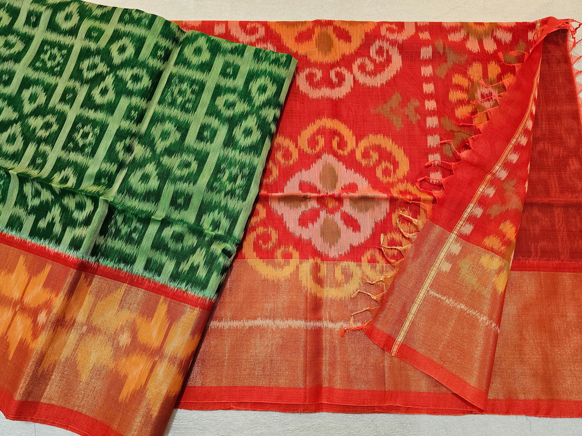 Green with Orange  Pochampally Ikkat Silk Cotton (SICO Pattu)