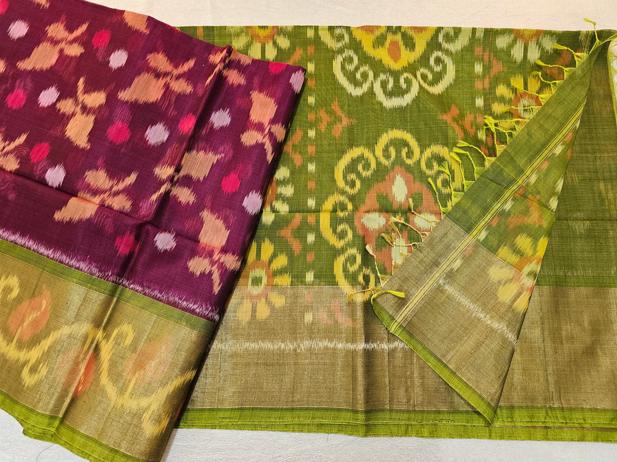 Purple with Green Pochampally Ikkat Silk Cotton (SICO Pattu)