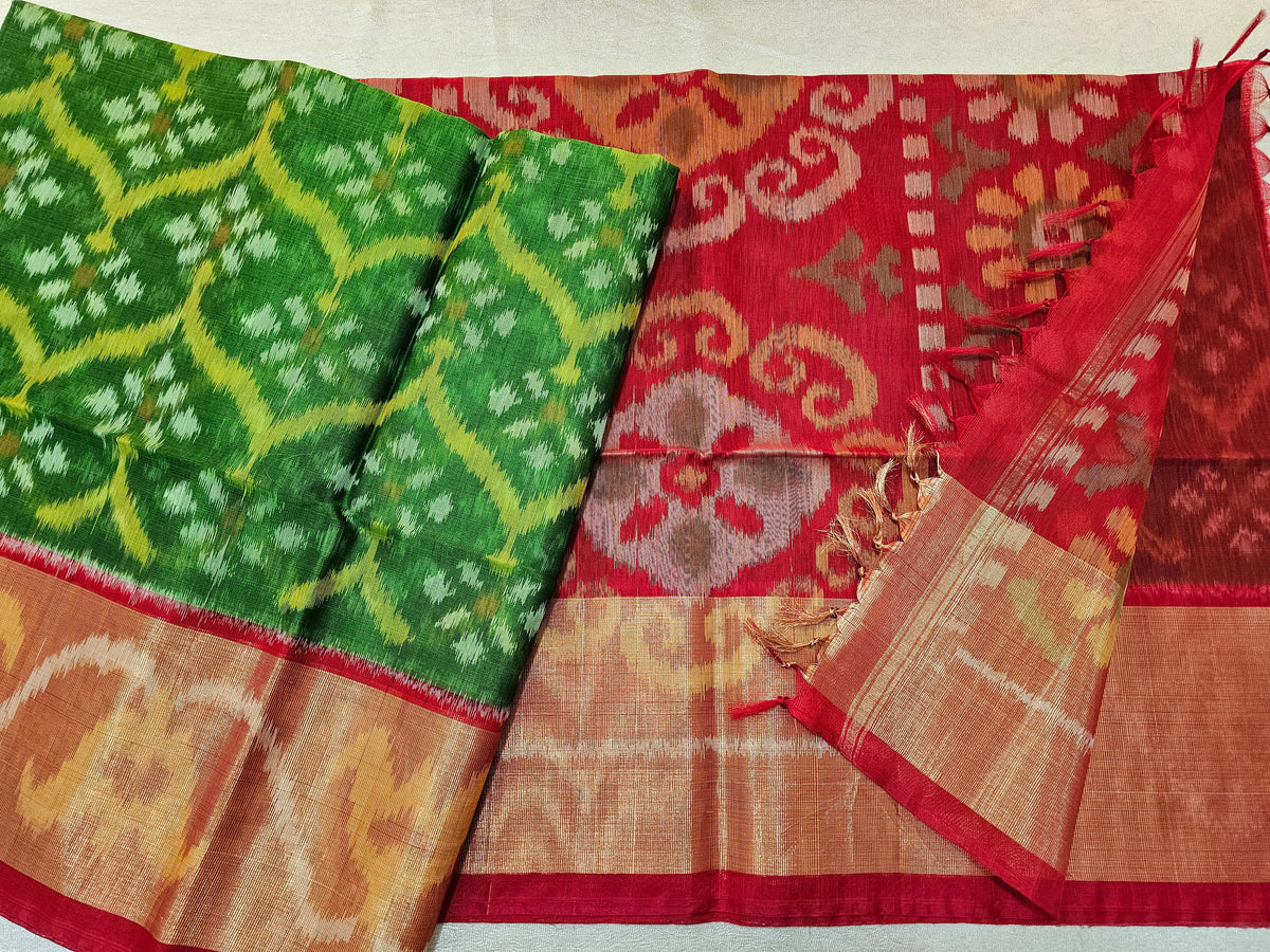 Green with Red Pochampally Ikkat Silk Cotton (SICO Pattu)