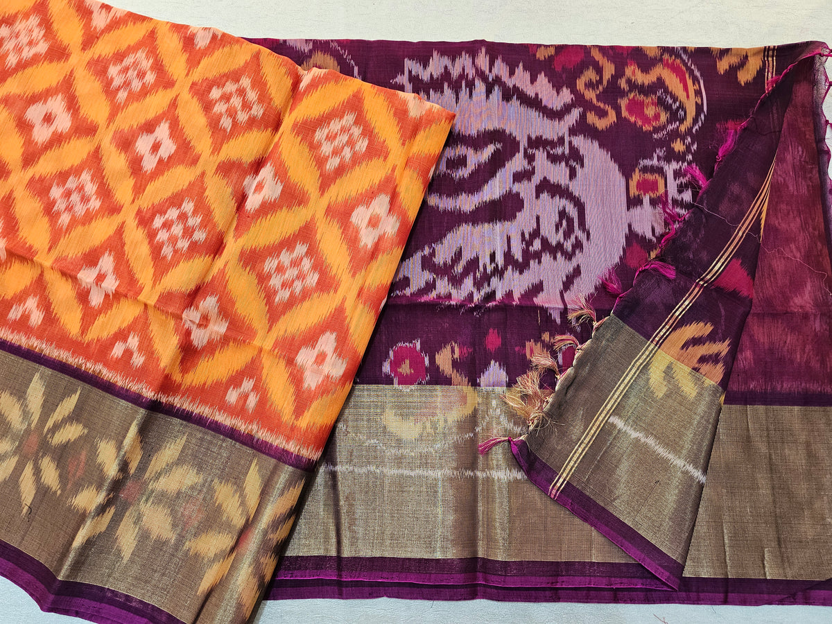 Orange with Purple Pochampally Ikkat Silk Cotton (SICO Pattu)