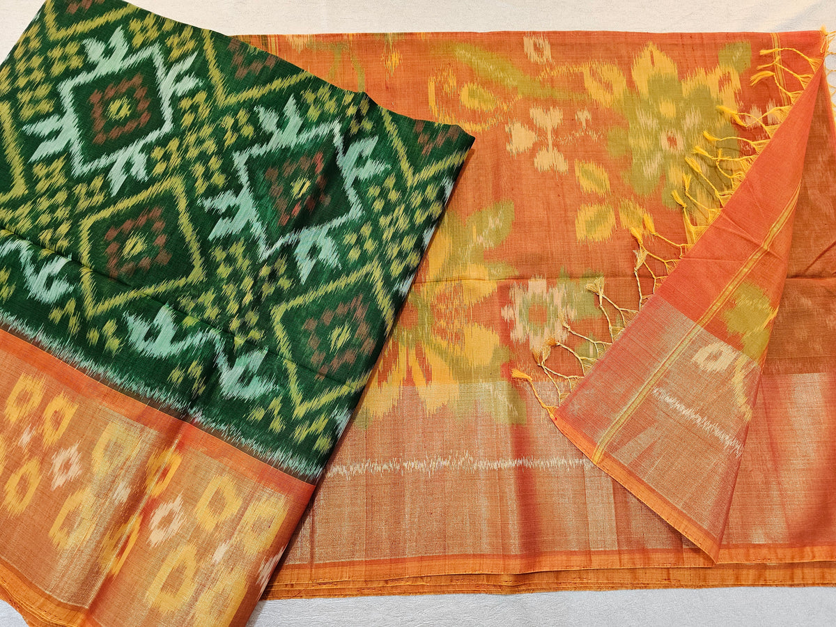 Green with Mustard Pochampally Ikkat Silk Cotton (SICO Pattu)