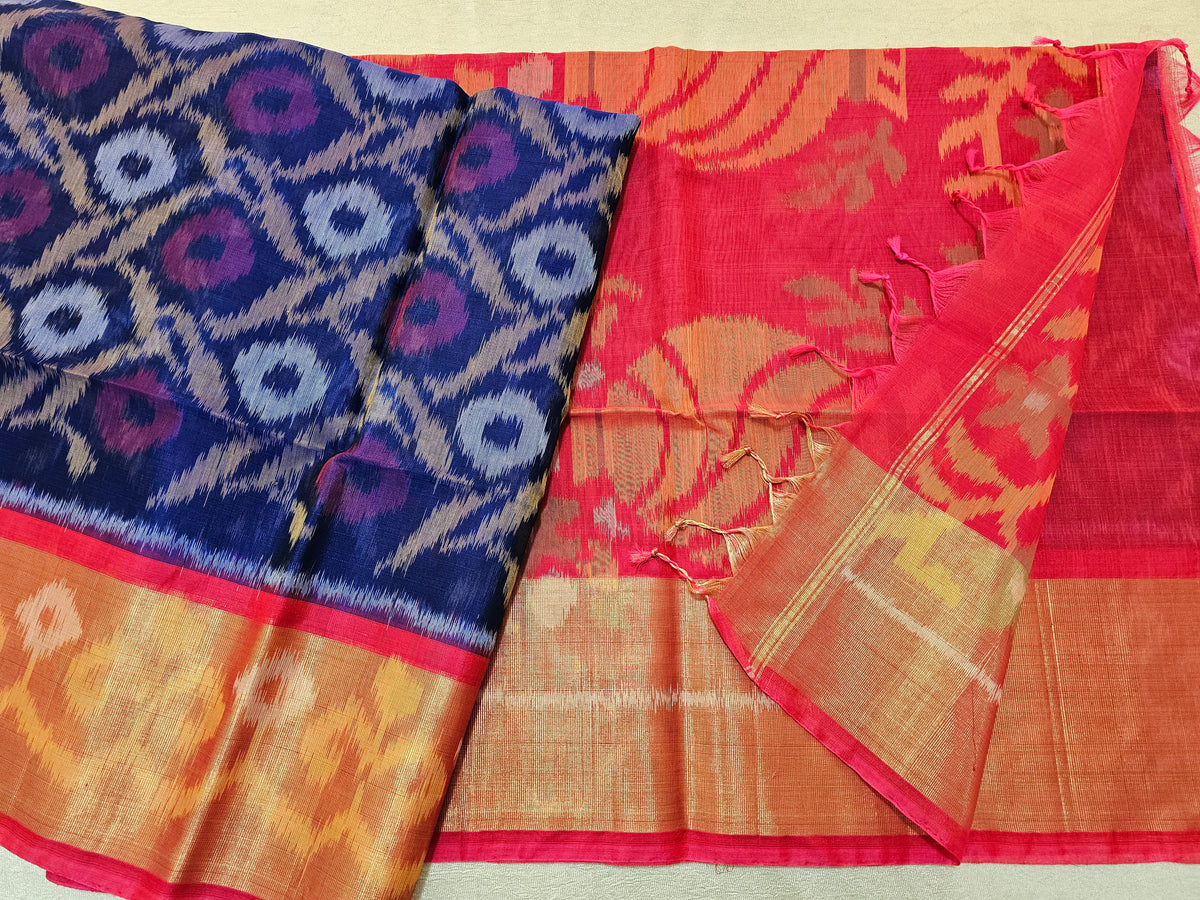 Blue with Peach Pochampally Ikkat Silk Cotton (SICO Pattu)