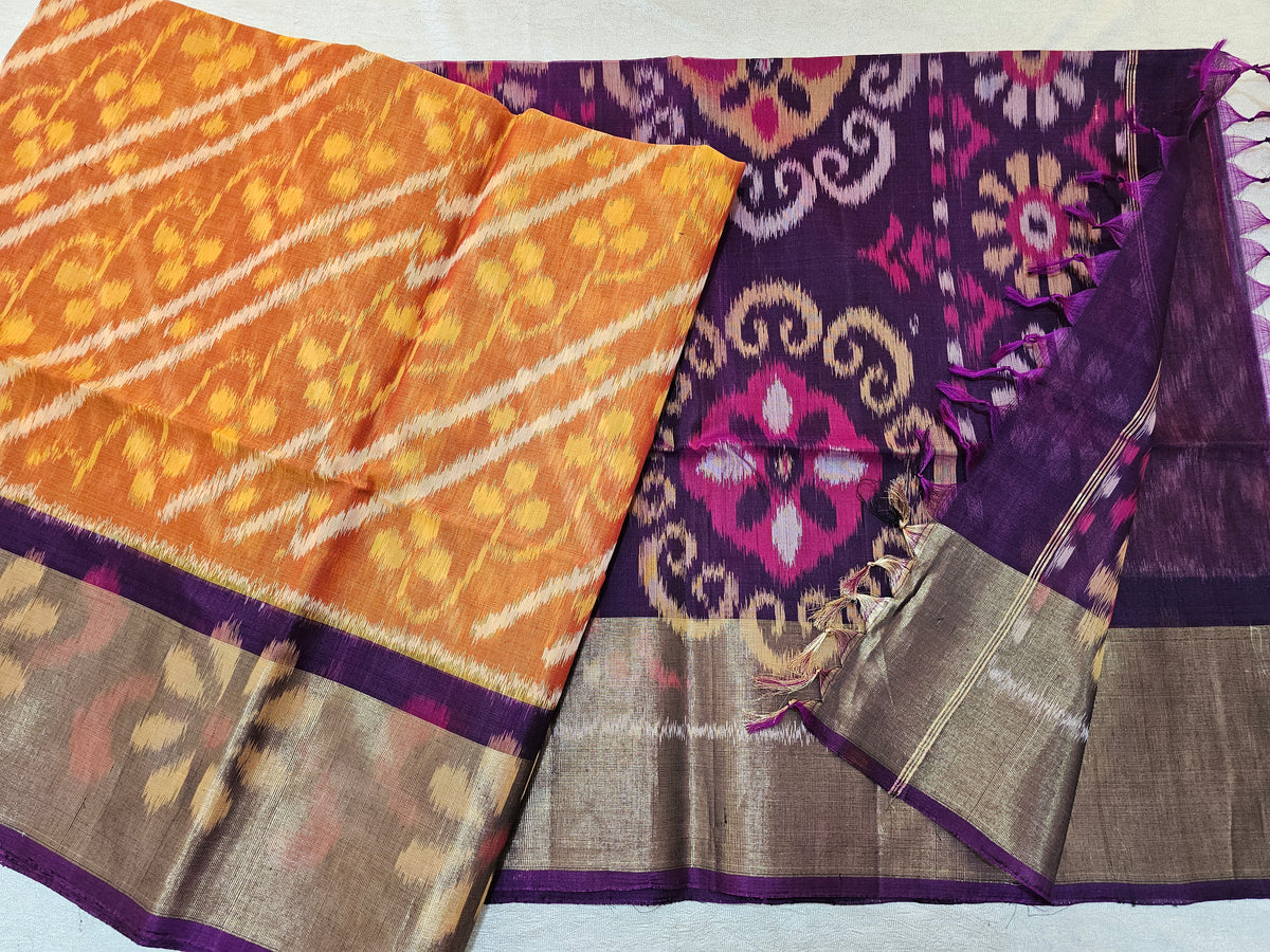 Orange with Purple Pochampally Ikkat Silk Cotton (SICO Pattu)