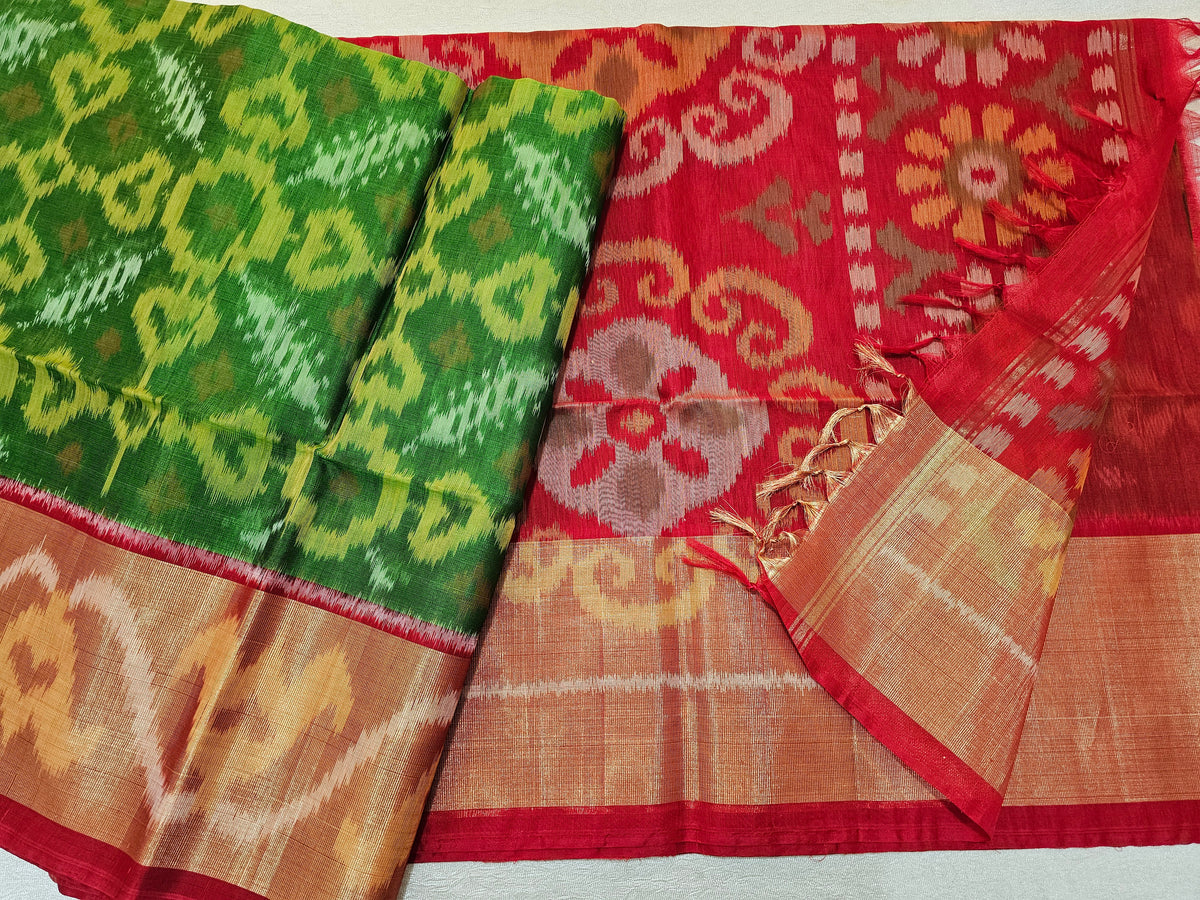 Green with Red Pochampally Ikkat Silk Cotton (SICO Pattu)