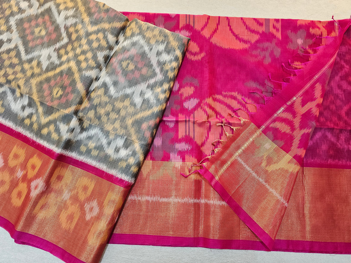 Grey with Pink Pochampally Ikkat Silk Cotton (SICO Pattu)