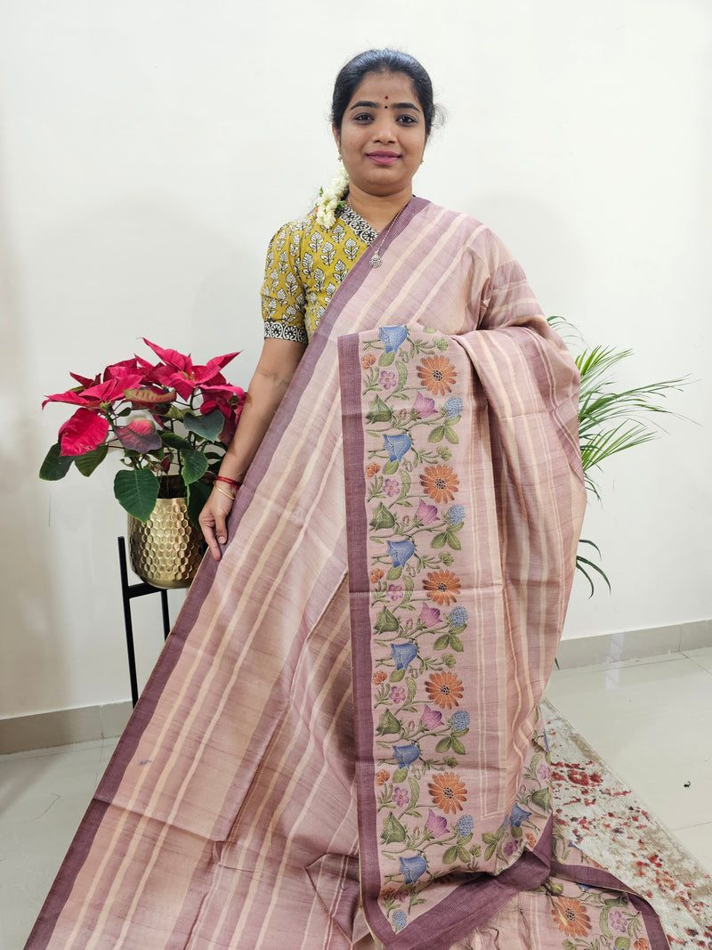 Semi Tussar with Striped Zari Weaving Saree - Onion Pink