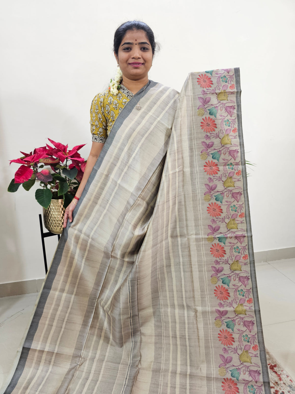 Semi Tussar with Striped Zari Weaving Saree - Grey