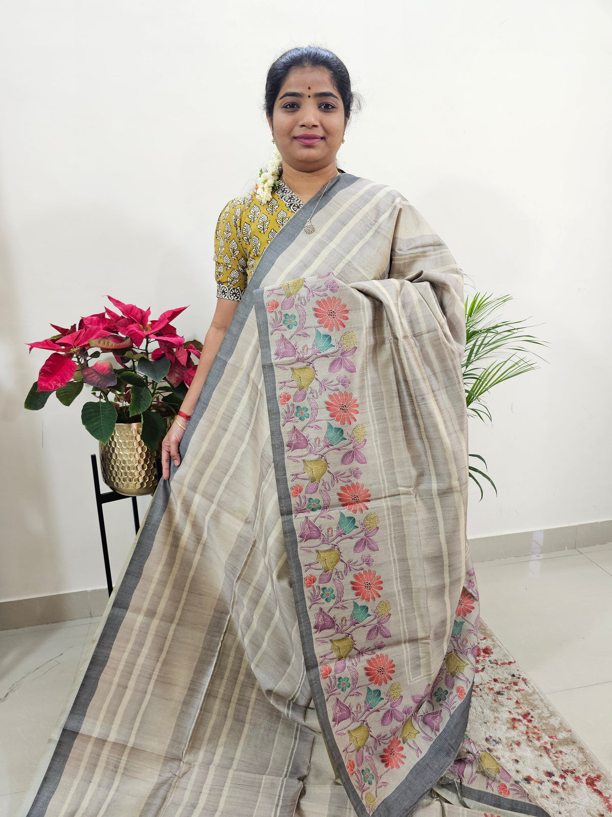 Semi Tussar with Striped Zari Weaving Saree - Grey