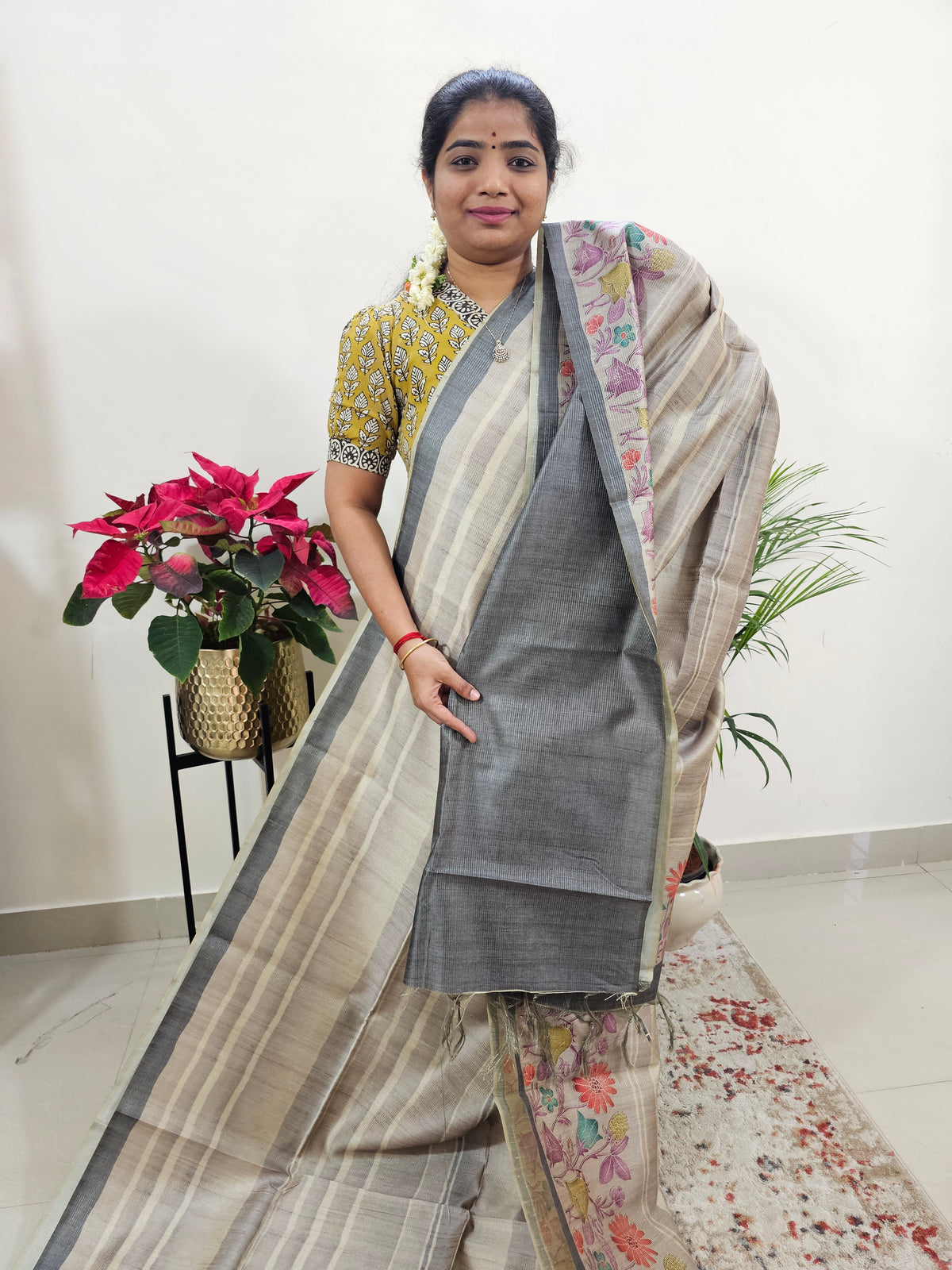 Semi Tussar with Striped Zari Weaving Saree - Grey