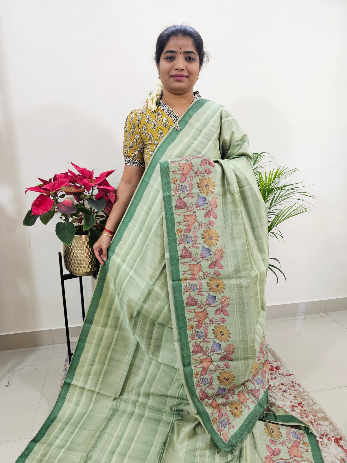 Semi Tussar with Striped Zari Weaving Saree - Green