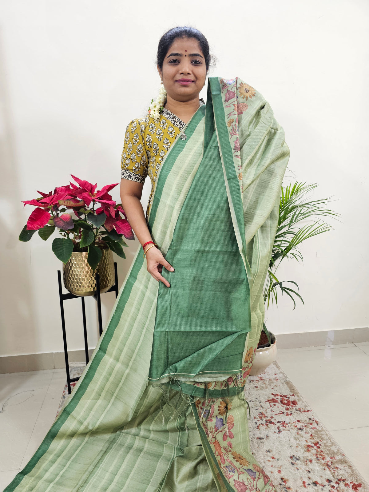 Semi Tussar with Striped Zari Weaving Saree - Green