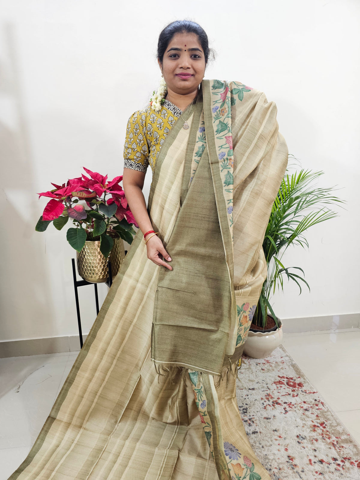 Semi Tussar with Striped Zari Weaving Saree - Mehndi Green