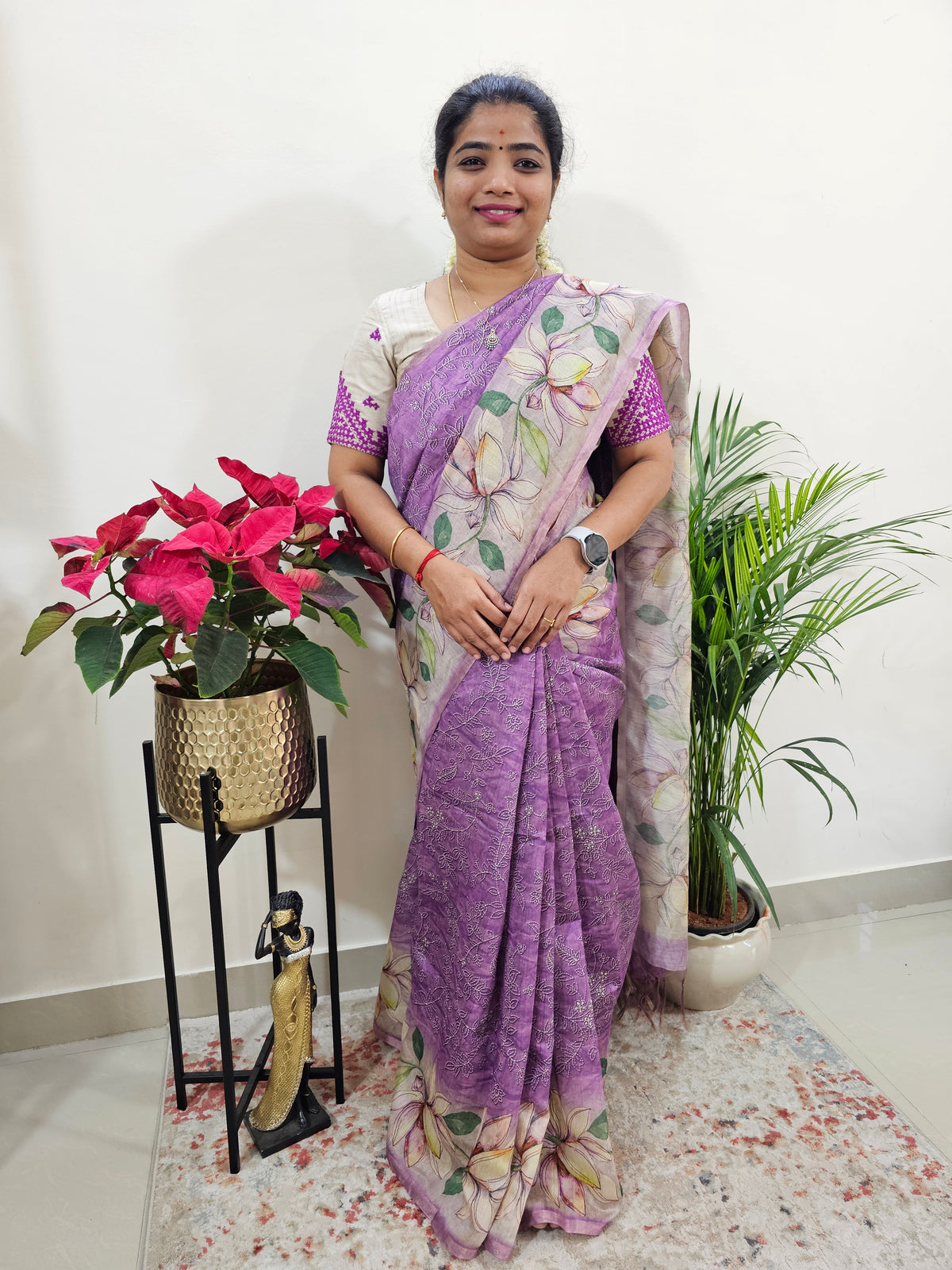 Semi Ghicha Floral Printed Saree - Purple