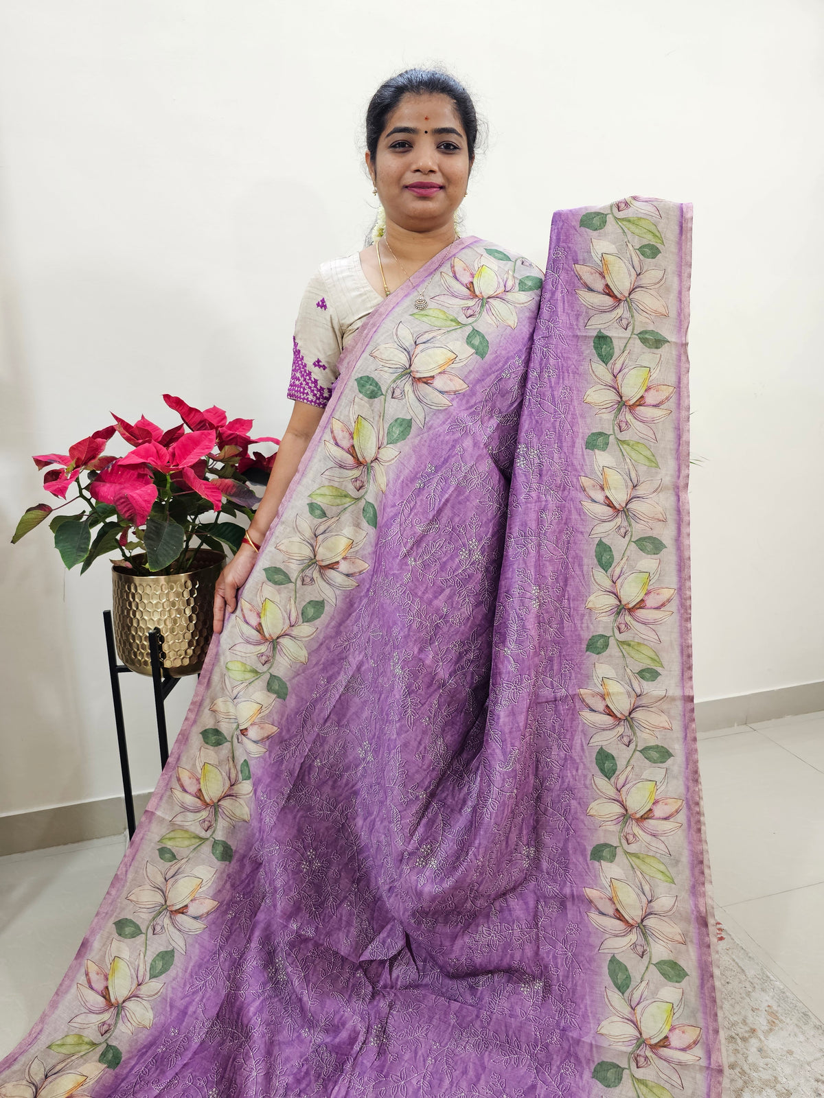 Semi Ghicha Floral Printed Saree - Purple