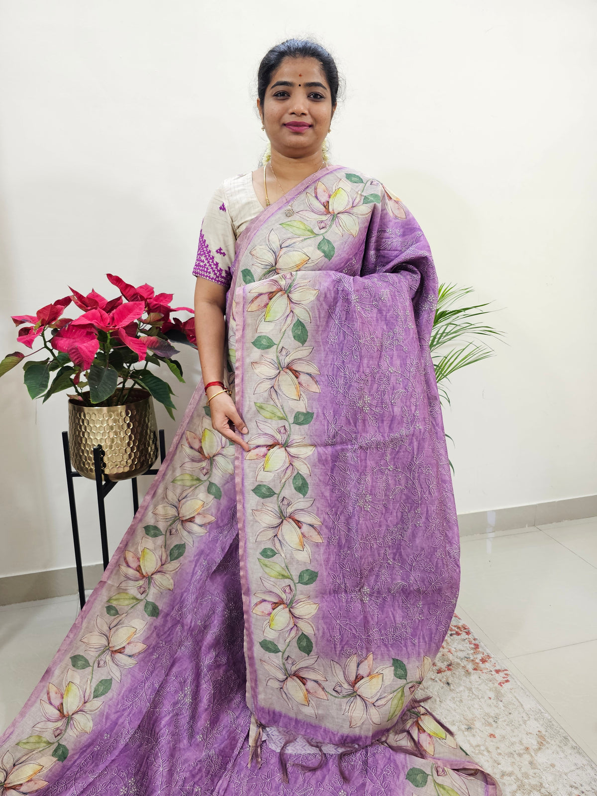 Semi Ghicha Floral Printed Saree - Purple