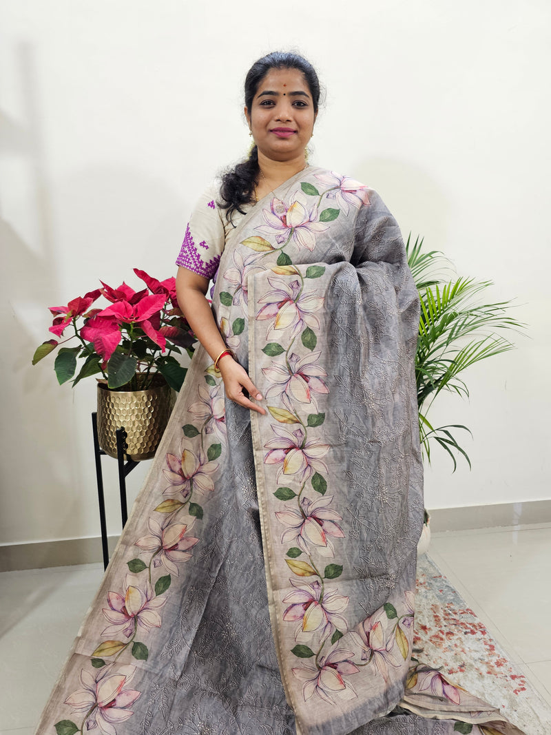 Semi Ghicha Floral Printed Saree - Grey