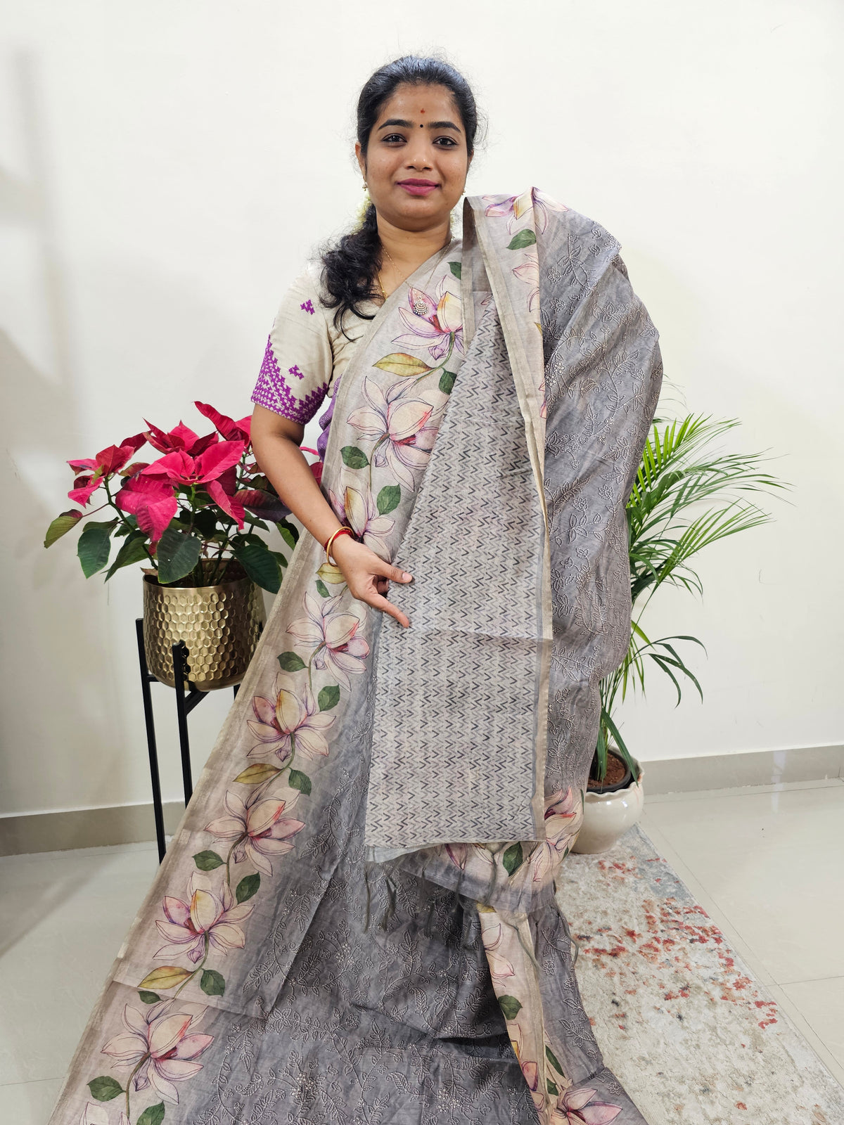 Semi Ghicha Floral Printed Saree - Grey