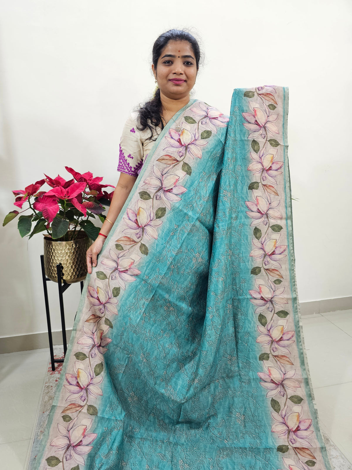 Semi Ghicha Floral Printed Saree - Rama Green