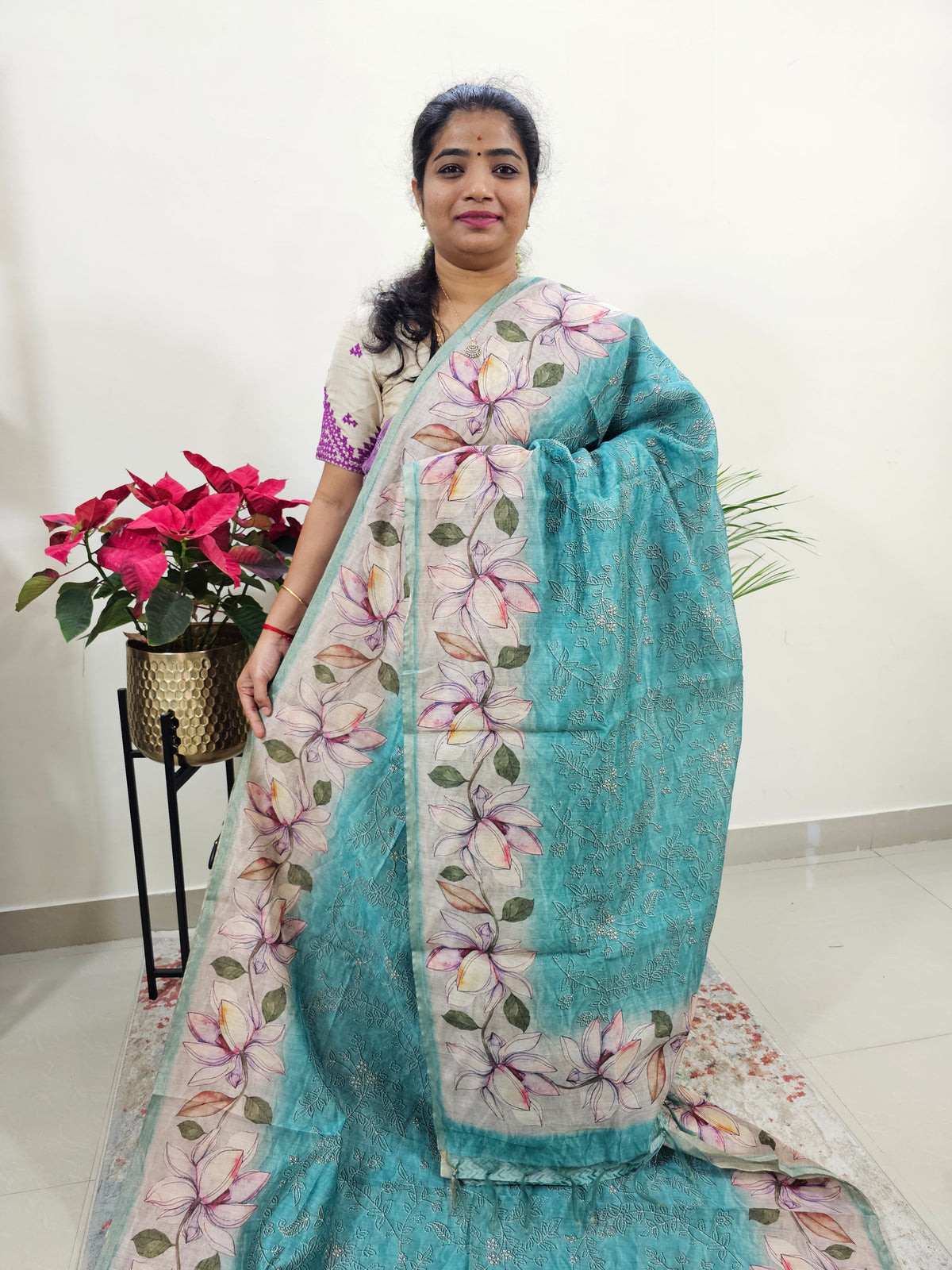 Semi Ghicha Floral Printed Saree - Rama Green