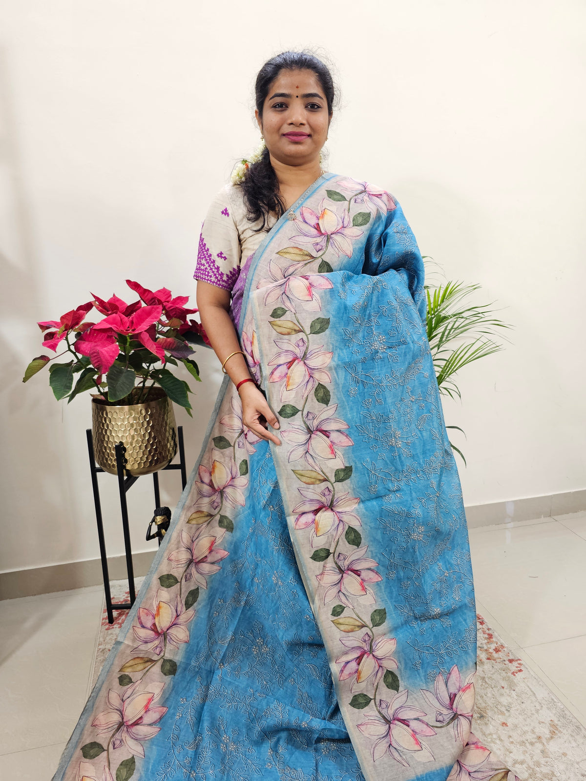 Semi Ghicha Floral Printed Saree - Blue