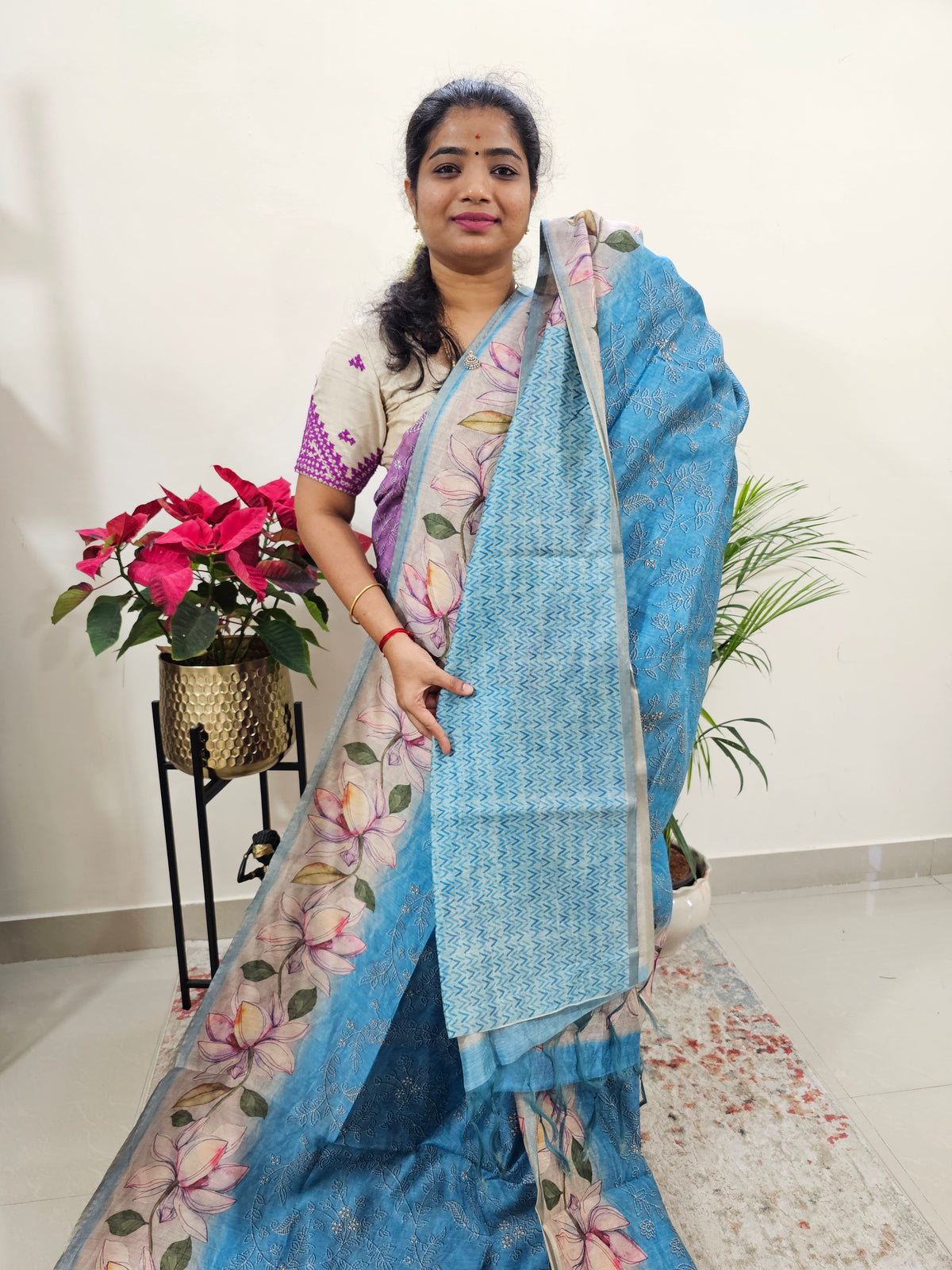 Semi Ghicha Floral Printed Saree - Blue