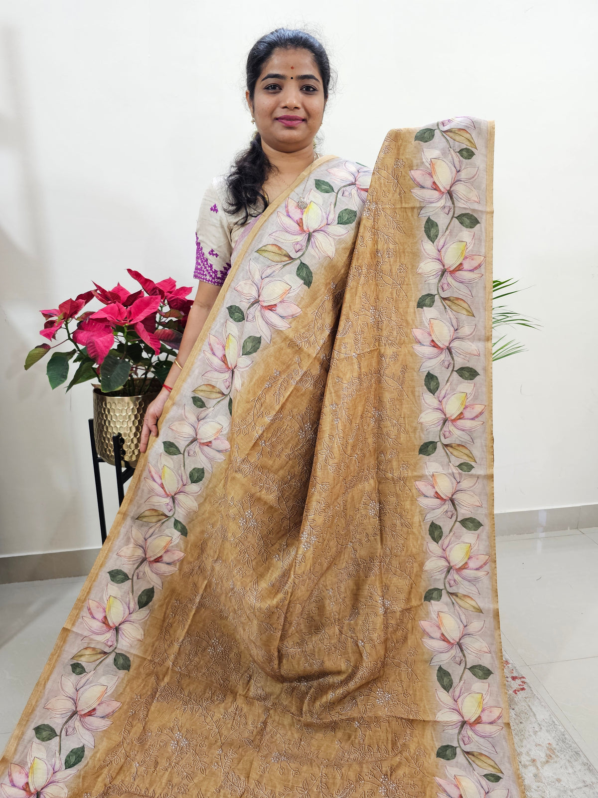 Semi Ghicha Floral Printed Saree - Brown