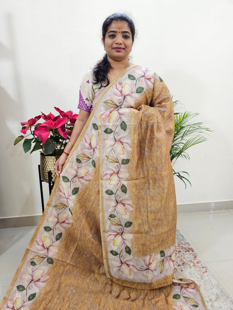 Semi Ghicha Floral Printed Saree - Brown