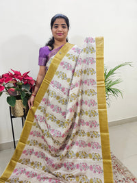 Soft Semi Tussar Digital Prints with Contrast Border - Mustard