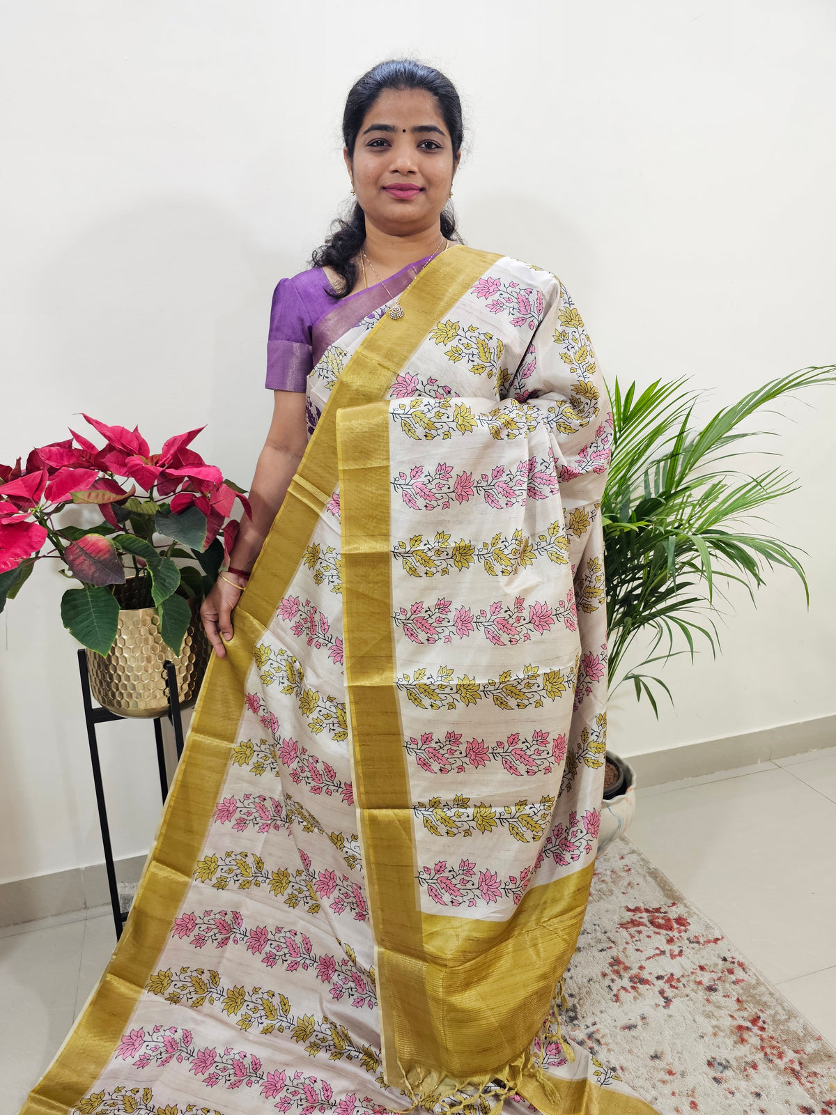 Soft Semi Tussar Digital Prints with Contrast Border - Mustard