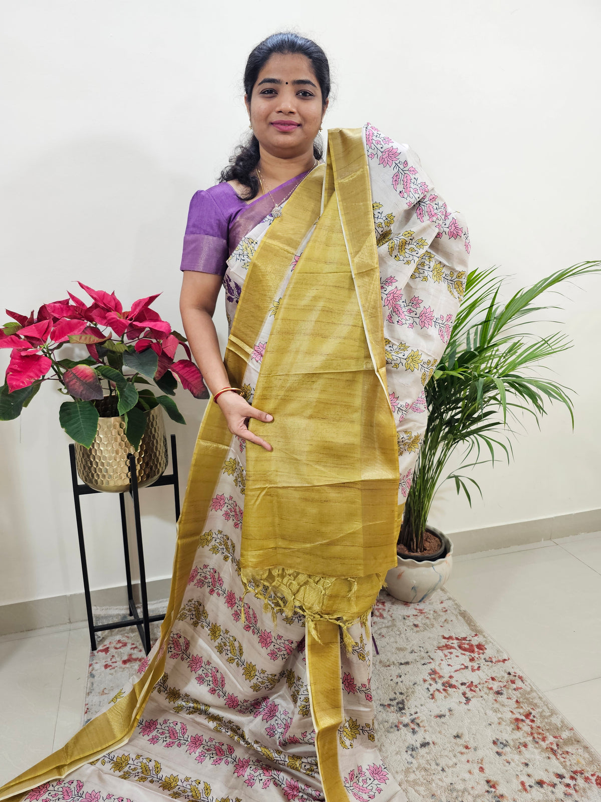 Soft Semi Tussar Digital Prints with Contrast Border - Mustard